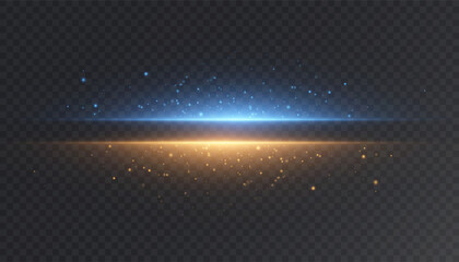Blue and yellow glowing horizon glow with shimmering particles on transparent background. Futuristic energy border, cosmic ray and magical double light effect for digital design, technology  © Alvina