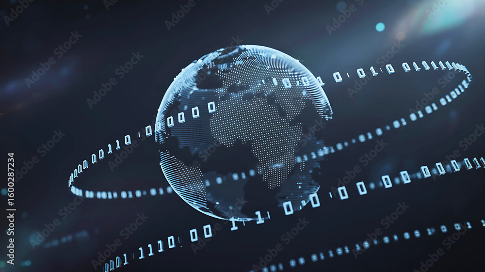 Aufkleber a digital earth hologram surrounded by a swirling orbit of binary code, representing global data, co