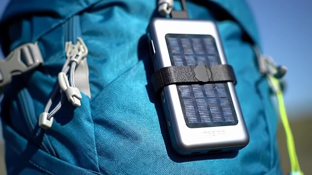 Solar-powered device strapped onto a blue backpack with grey zipper pulls