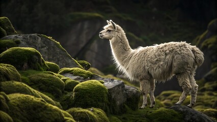 Majestic llama stands on mossy rocks in dramatic natural landscape