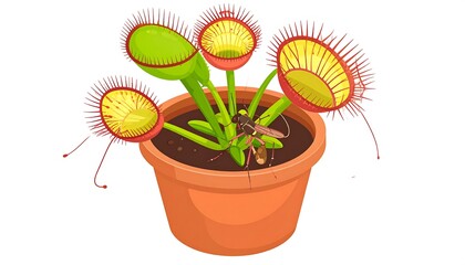 Illustration of a Venus flytrap plant in a pot with a fly