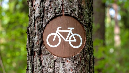 Fototapeta premium Bicycle path sign on a tree trunk