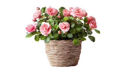 Decorative rose bush in a basket-style woven pot background isolated on a Transparent background, PNG file.