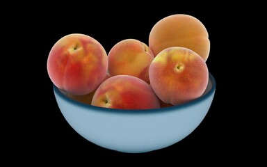 Fresh peaches in a blue bowl against black background.