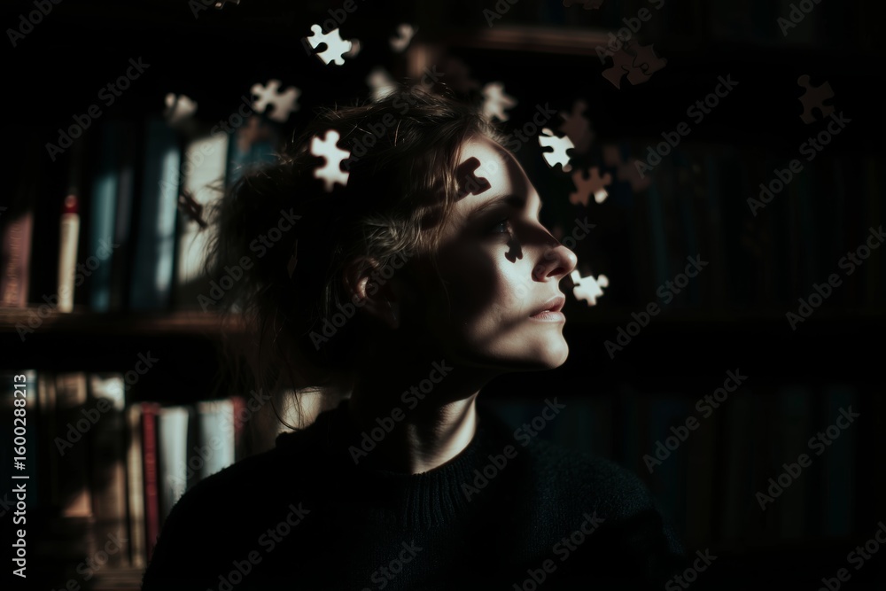Poster woman in a dimly lit library surrounded by floating puzzle pieces during an introspective moment on 