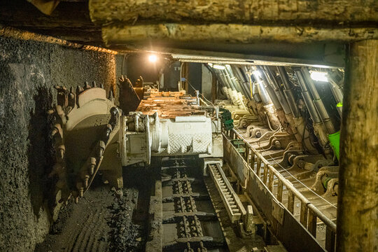 Longwall face with a shearer, scraper conveyor, and powered roof supports