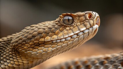 Intense close-up of a venomous rattlesnake's head and textured scales