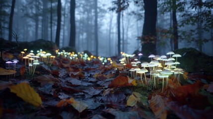 Glowing mushrooms in a misty forest