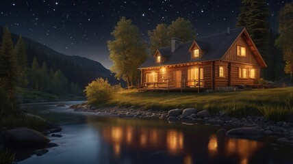 a wooden house near the lake surrounded by greenery   at night ,the interior is warmly lighten