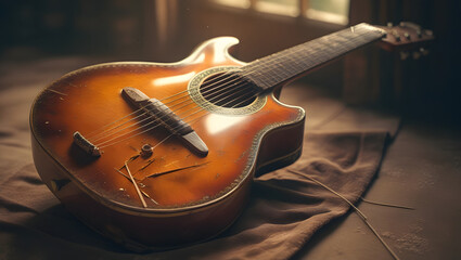Naklejka premium Old Vintage Guitar with Worn Frets and Broken Strings 
