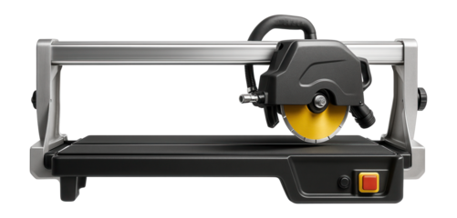 Bridge tile saw with a built-in water pump, for cutting large format tiles in a commercial setting.
