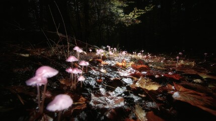 Pink fungi in dark forest