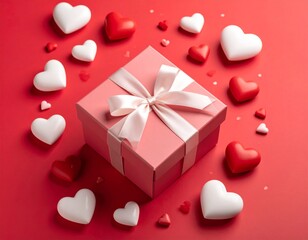 A festive red gift box with a bow and heart decorations is a perfect present for any holiday celebration