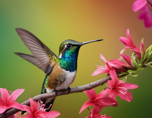 Close-up of a beautiful, colorful hummingbird sitting on a branch with flowers. Rainbow plumage feathers. A natural wallpaper.