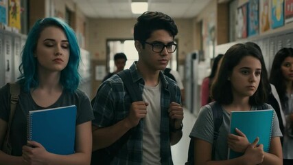 Three serious high school students walking together in a school hallway. Diverse group of teenagers with concerned expressions. - Powered by Adobe