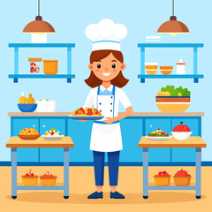 A cheerful chef in a brightly colored kitchen, presenting a dish of food on a tray.