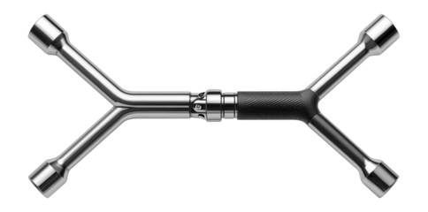 Folding lug wrench with collapsible arms for easy storage in a vehicle's trunk.