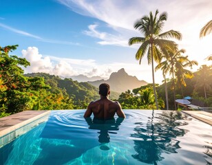 Fototapeta premium Young man and woman relaxing in a luxurious tropical resort swimming pool during a summer vacation