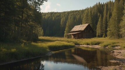 a small wooden house near the lake and have lush greenery in background