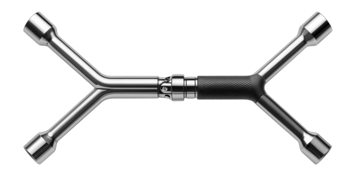 Folding lug wrench with collapsible arms for easy storage in a vehicle's trunk.