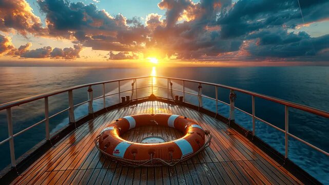 Golden sunset glows on tranquil ocean waters while the ship's bow provides a serene vantage point to watch the horizon