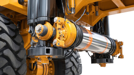 Detail shot of earth mover hydraulic system and piston mechanisms isolated on a Transparent background, PNG file.