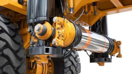 Detail shot of earth mover hydraulic system and piston mechanisms isolated on a Transparent background, PNG file.