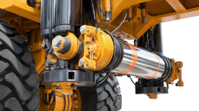 Detail shot of earth mover hydraulic system and piston mechanisms isolated on a Transparent background, PNG file.