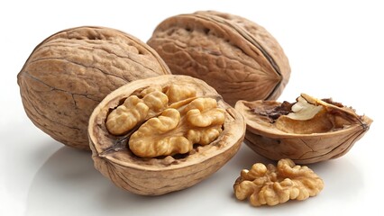 Whole and cracked walnuts reveal healthy, delicious kernels on a clean white background.