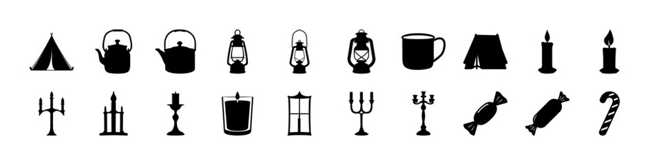 Camping, Lantern, and Candle Silhouette Icon Set – Vintage Outdoor and Holiday Essentials - A collection of black silhouette icons showcasing camping and holiday-themed elements. 