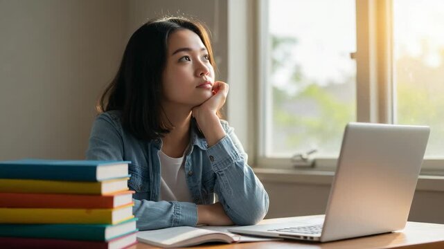 Young Asian woman thinking while studying at a desk with a laptop and a stack of books. Female student looking out a window, contemplating.
