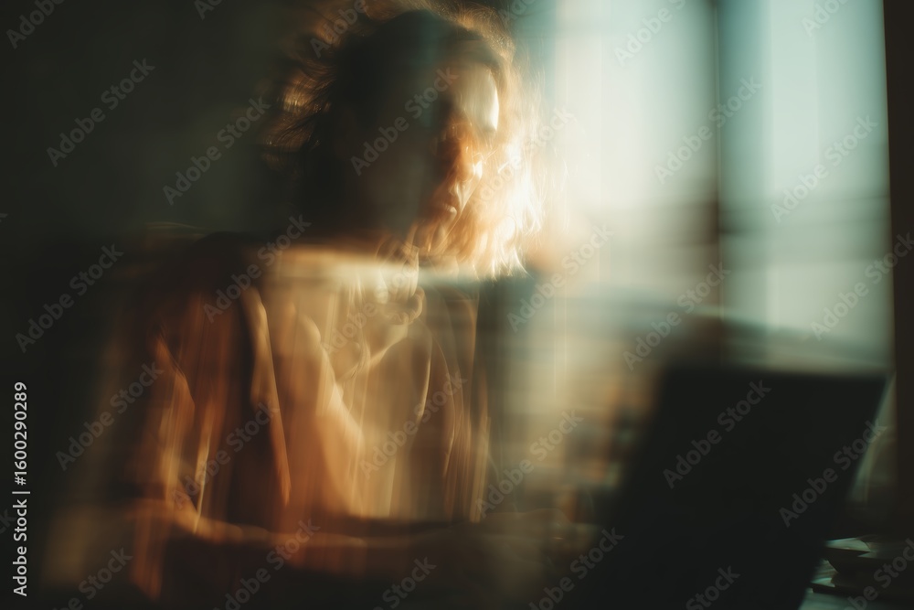 Poster person working on a laptop in a softly lit room during the evening hours creating a serene and focus