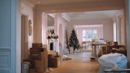 Interior of a pink-painted home under renovation, Christmas tree in the center