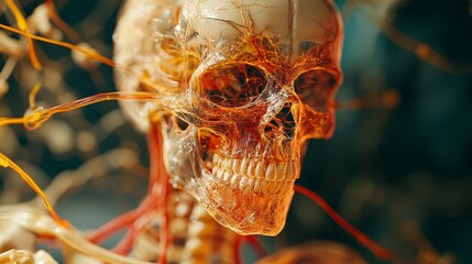 just see the nerves of the skeleton of a real human skeleton with predominant orange and yellow colors in the image, 4k, realistic, cinematic. 