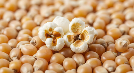 Close up shot displaying a scattered pile of yellow corn kernels with some popped popcorn on top