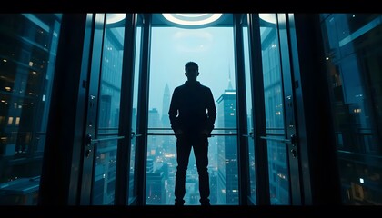 Fototapeta premium Silhouette man in elevator overlooking city skyline at night business success concept