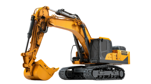 Digger with claw bucket in mid-digging pose background isolated on a Transparent background, PNG file.
