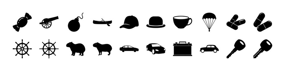 Silhouette Icon Set – Assorted Objects Including Vehicles, Hats, Candy, Parachute, - This versatile silhouette icon set features a wide range of bold black symbols, including sweet candies, a cannon,