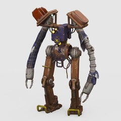 Rustic industrial robot with unique design.