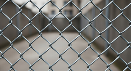 Fototapeta premium Close up of a chain link fence with a building blurred in the background on a cloudy day outside