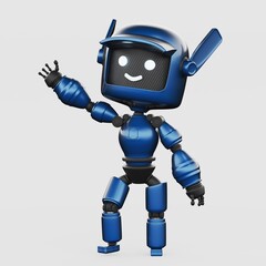 Cheerful blue robot waving hello.