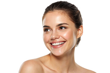 A young woman with perfect skin is smiling and looking to the side on a transparent background