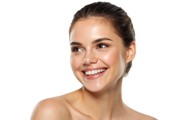 A young woman with perfect skin is smiling and looking to the side on a transparent background