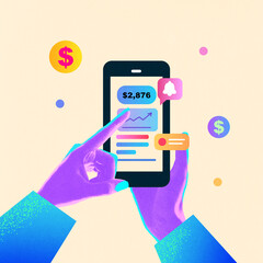 Digital composition of finger touching mobile finance graph with balance and notifications. Concept...