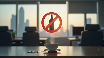 No alcohol symbol above office coffee at sunrise