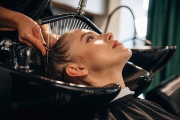 Service for customer, washing head. Woman is in a beauty salon with hair stylist