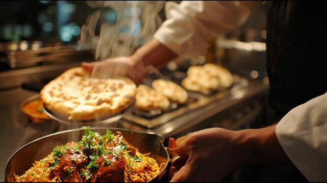 Chef&rsquo;s prepares Indian food set as chicken biryani and naan, conveying motion, intent, and the creative moment.
