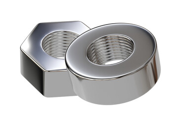 3d silver bolt and nut with detailed threads and hexagonal shapes isolated on a white transparent background. industrial, component screw bolt engineering concept. 3d render.