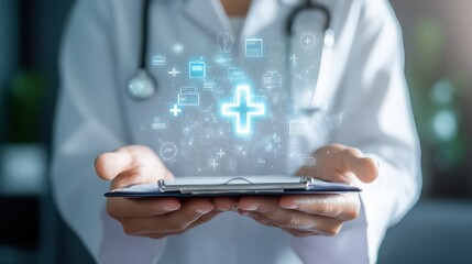 Doctor holding clipboard with glowing medical icons in front of white coat and stethoscope