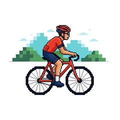 Obraz premium Pixel art illustration of a cyclist riding a red bicycle against a backdrop of pixelated green hills and blue sky.